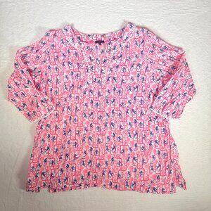 Talbots Pink Monkey Print Shirt Womens Size X1 Fun Whimsy Notch Neck Fringe Trim
